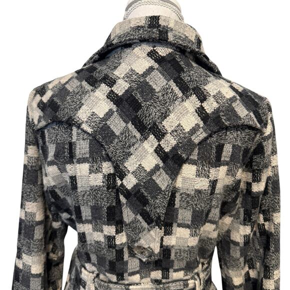Daytrip Plaid Wool Blend Trench Coat Jacket Peacoat Belted Black Gray Cream L - Picture 7 of 12